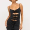 Aniela Slinky Jersey Rose Detail Cut Out Mini Dress in Black Aniela Slinky Jersey Rose Detail Cut Out Mini Dress in Black