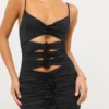 Aniela Slinky Jersey Rose Detail Cut Out Mini Dress in Black Aniela Slinky Jersey Rose Detail Cut Out Mini Dress in Black