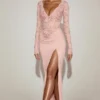 Carmina Lace Scalloped Plunge-Neck Maxi Dress in Pink Carmina Lace Scalloped Plunge-Neck Maxi Dress in Pink