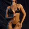 Embellished Swim Halterneck Triangle Bikini Top in Black