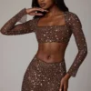 Guilia Sheer Embellished Long Sleeve Crop Top in Deep Cocoa