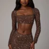 Guilia Sheer Embellished Long Sleeve Crop Top in Deep Cocoa