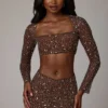 Guilia Sheer Embellished Long Sleeve Crop Top in Deep Cocoa