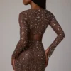 Guilia Sheer Embellished Long Sleeve Crop Top in Deep Cocoa