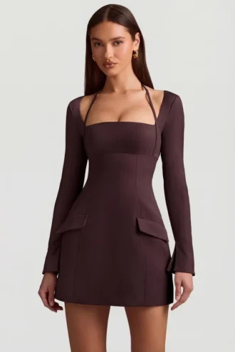 ksenia pinstripe structured a line mini dress in chocolate brown 1 330x495 - Ksenia Pinstripe Structured A-Line Mini Dress in Chocolate Brown