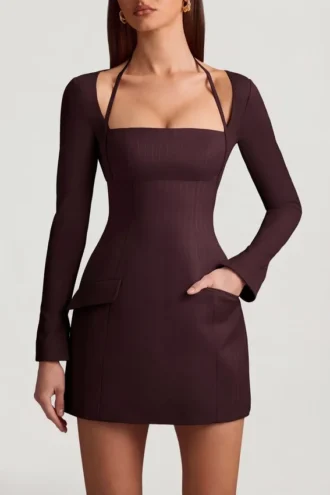ksenia pinstripe structured a line mini dress in chocolate brown 2 330x495 - Ksenia Pinstripe Structured A-Line Mini Dress in Chocolate Brown