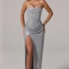 La Rochette Embellished Bandeau Cowl-Waist Maxi Dress in Silver La Rochette Embellished Bandeau Cowl-Waist Maxi Dress in Silver