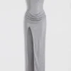 La Rochette Embellished Bandeau Cowl-Waist Maxi Dress in Silver La Rochette Embellished Bandeau Cowl-Waist Maxi Dress in Silver