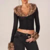 Lola Faux Fur-Trim Sheer Mesh Cardigan in Black Lola Faux Fur-Trim Sheer Mesh Cardigan in Black