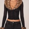 Lola Faux Fur-Trim Sheer Mesh Cardigan in Black Lola Faux Fur-Trim Sheer Mesh Cardigan in Black
