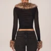 Lola Faux Fur-Trim Sheer Mesh Cardigan in Black Lola Faux Fur-Trim Sheer Mesh Cardigan in Black