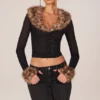 Lola Faux Fur-Trim Sheer Mesh Cardigan in Black Lola Faux Fur-Trim Sheer Mesh Cardigan in Black