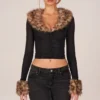 Lola Faux Fur-Trim Sheer Mesh Cardigan in Black Lola Faux Fur-Trim Sheer Mesh Cardigan in Black
