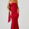 Mandi Scarf-Detail Strapless Gown in Scarlet Red Mandi Scarf-Detail Strapless Gown in Scarlet Red