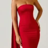 Mandi Scarf-Detail Strapless Gown in Scarlet Red Mandi Scarf-Detail Strapless Gown in Scarlet Red