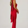 Mandi Scarf-Detail Strapless Gown in Scarlet Red Mandi Scarf-Detail Strapless Gown in Scarlet Red