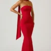 Mandi Scarf-Detail Strapless Gown in Scarlet Red Mandi Scarf-Detail Strapless Gown in Scarlet Red