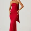 Mandi Scarf-Detail Strapless Gown in Scarlet Red Mandi Scarf-Detail Strapless Gown in Scarlet Red