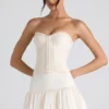 Melvina Ruched Lace-Up Strapless Corset Top in Ivory