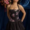 Nanala Halterneck Lace-Up Bubble Hem Mini Dress in Black Floral Print Nanala Halterneck Lace-Up Bubble Hem Mini Dress in Black Floral Print