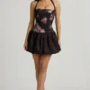 Nanala Halterneck Lace-Up Bubble Hem Mini Dress in Black Floral Print Nanala Halterneck Lace-Up Bubble Hem Mini Dress in Black Floral Print