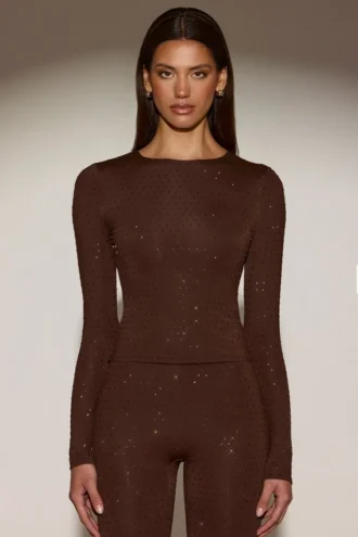 Venia Embellished Crew-Neck Long-Sleeve Top in Chocolate Brown