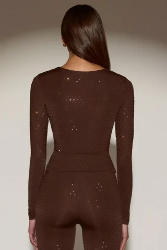 Venia Embellished Crew-Neck Long-Sleeve Top in Chocolate Brown